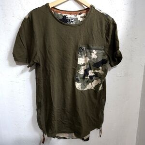 Triple Five Soul | Army Green Tee with Camouflage Pocket & Side Zippers